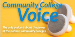 Image of the Community College Voice podcast title with headphones.
