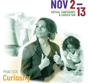 Image of the WE20 banner, featuring a Black woman in a blazer looking up and the text "practice curiosity."