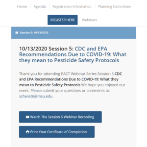 Screenshot for PACT Meeting: CDC and EPA Recommendations Due to COVID-19, What They Mean to Pesticide Safety Protocols (Session 5 of 11)