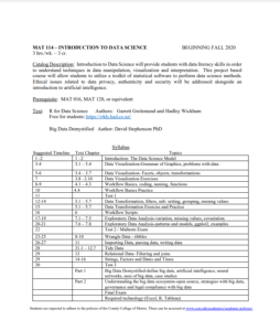 Screenshot for MAT 114: Introduction to Data Science Syllabus