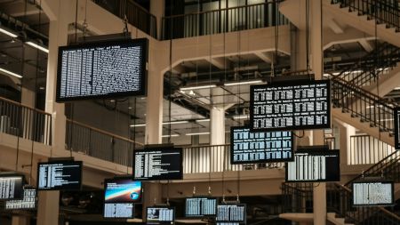 A photo of electronic screens in a workplace