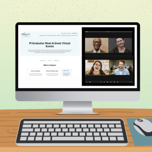 Image of computer screen with video conference and EvaluATE's webpage